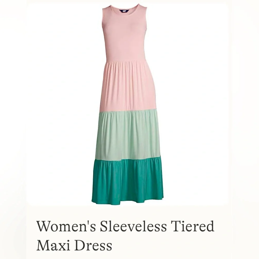 Lands End Sleeveless Tiered Ruffle Color Block Maxi Dress Women's Small pink NWT - Picture 1 of 10